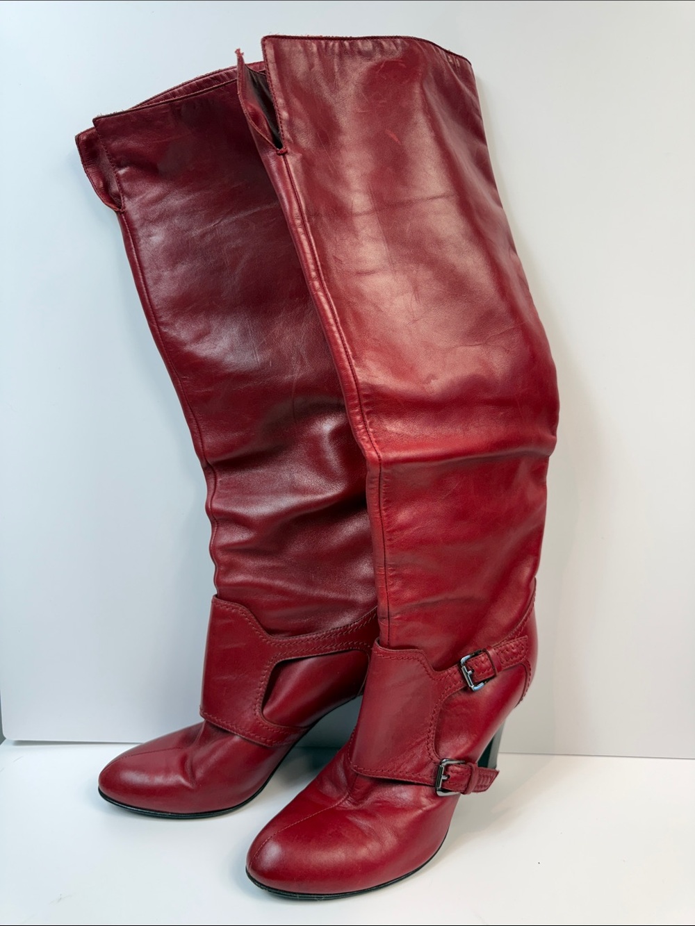 Sergio Rossi Red Leather Knee High Boots Size 7.5 Made in Italy